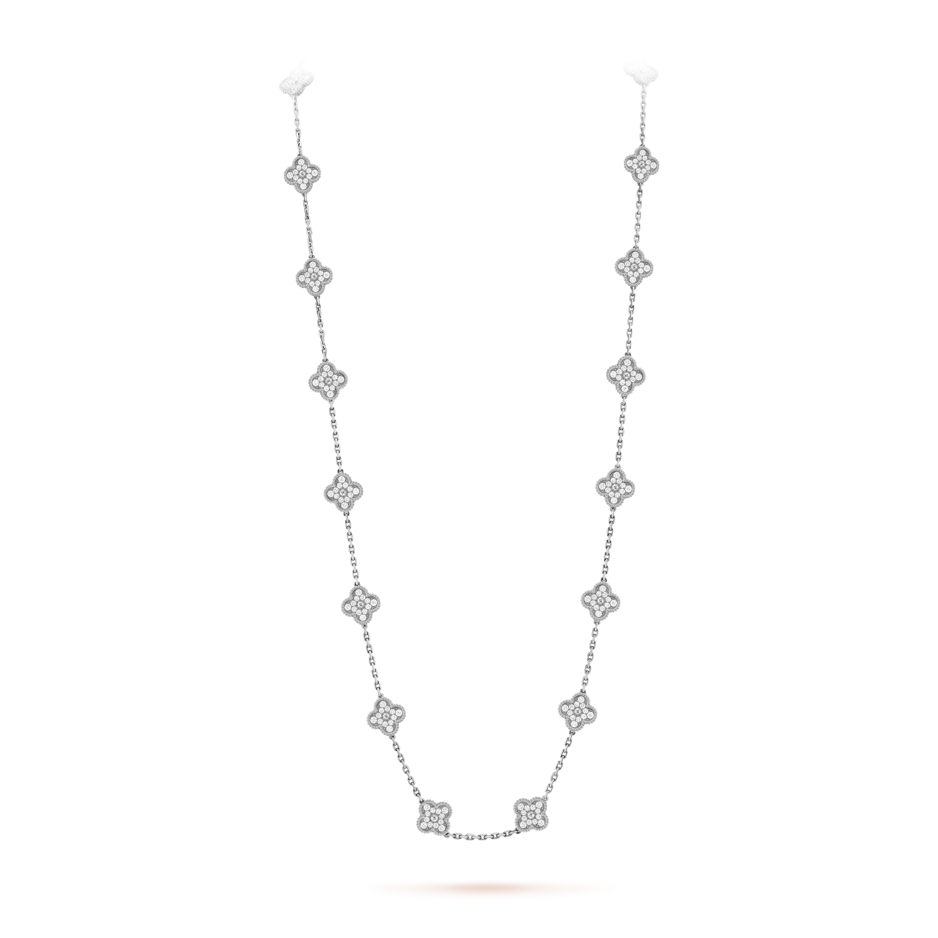 Noble Vintage Alhambra White Gold Diamond 20 Motifs Long Necklace