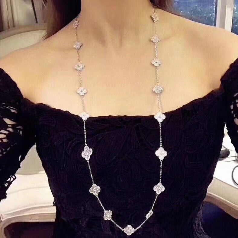 Noble Vintage Alhambra White Gold Diamond 20 Motifs Long Necklace