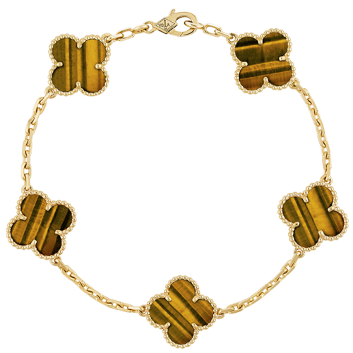 18K Vintage Alhambra Five Motifs Tiger Eye Bracelet
