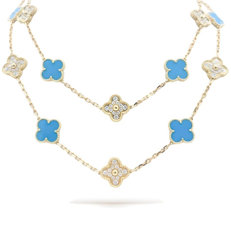 Noble Vintage Alhambra Turquoise Diamond 20 Motifs Long Necklace Gift