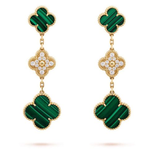 18k Magic Alhambra Three Malachite Motifs Earrings